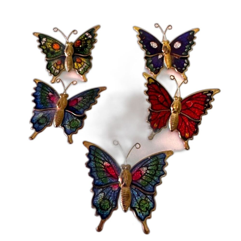 Vintage Gold Enamel Butterfly Pin Brooch Set Sparkle Multi-color (5)